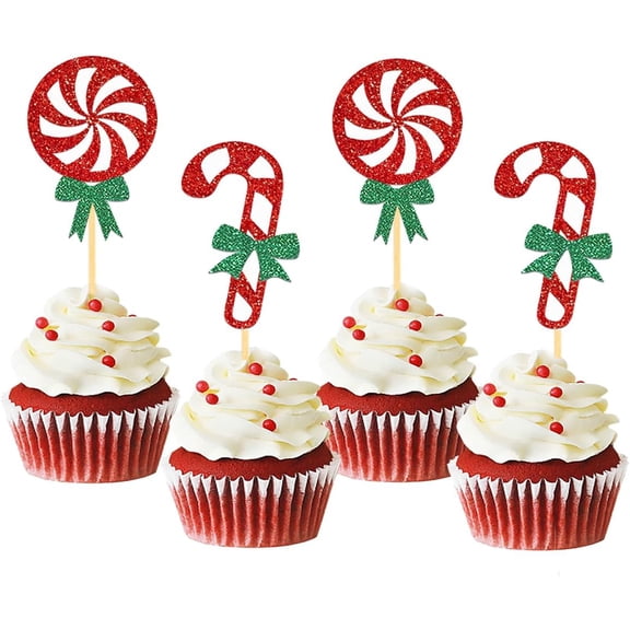 Red Peppermint and Candy Cane Glitter Cupcake Toppers, 12pcs Lollipop and Candy Cane Cupcake Picks for Christmas Party Decorations