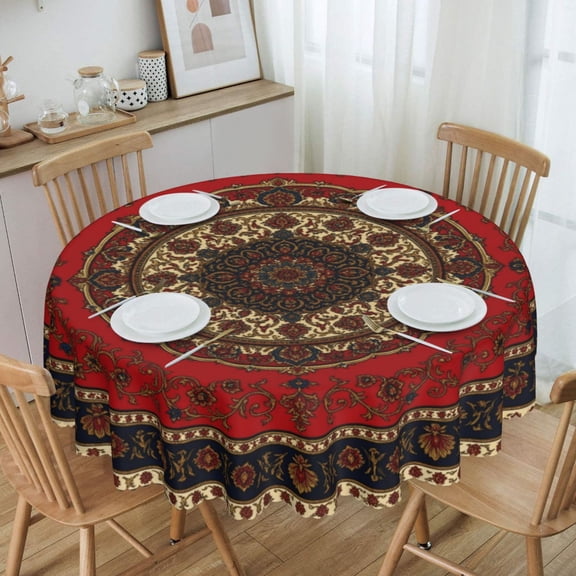Red Persian Carpet Round Tablecloth Waterproof Oil Proof Spill Proof Table Cloth 70" for Camping, Dining, Indoor and Outdoor Table Cover
