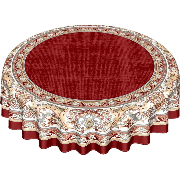 Red Persian Floral Round Tablecloth 60 Inch,Traditional Oriental Boho Thicken Table Cloth,Washable Wrinkle-Free Tables Cover for Kitchen Daily Dinning Party Indoor Outdoor Tabletop Decor