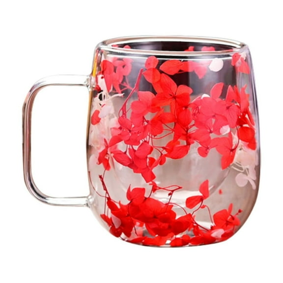 Red Petal Double Cup Aa， 200Ml Dried Flowers Glass Cup Mugs with Dry Flowers Double Walled Glass Coffee Mug Dried Flowers Glass Coffee Mugs Dry Flower Cup for Juice Coffee or Tea Lover