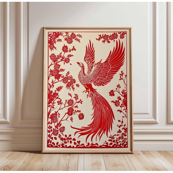 Red Phoenix Bird Art Floral Wall Art Chinese Paper Cut Design Art Unframed Paper Print
