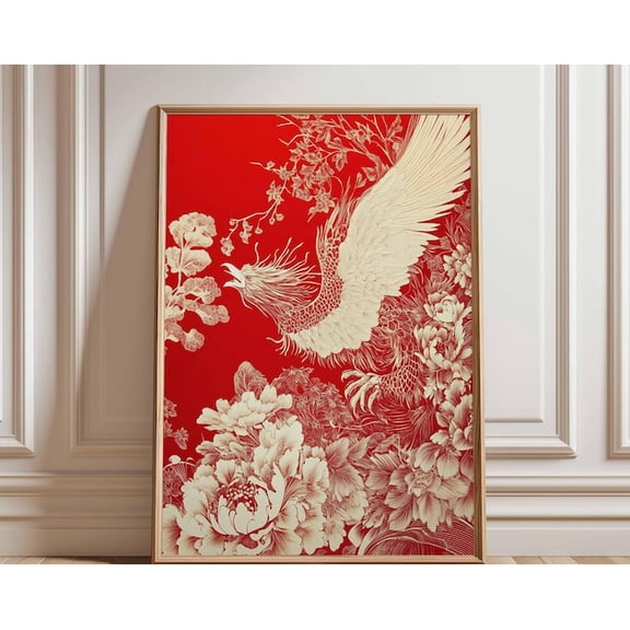 Red Phoenix Floral Wall Art Print, Unframed Paper Poster 16x20in