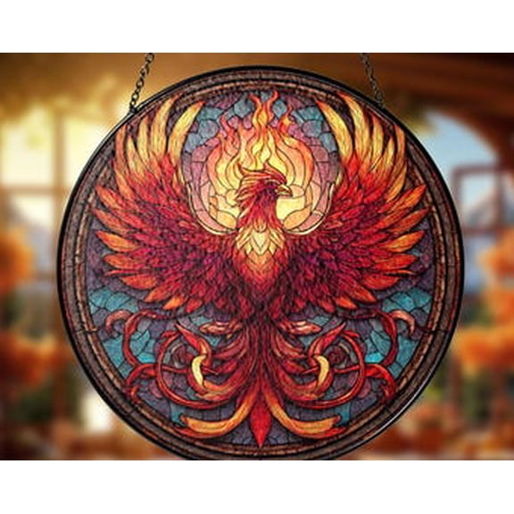 Red Phoenix Glass Suncatcher Round Window Hanging, 3.5 in