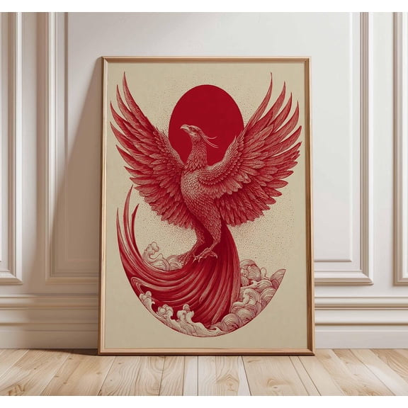 Red Phoenix Japanese Mythical Bird Rising Sun Modern Oriental Art Unframed Paper Print