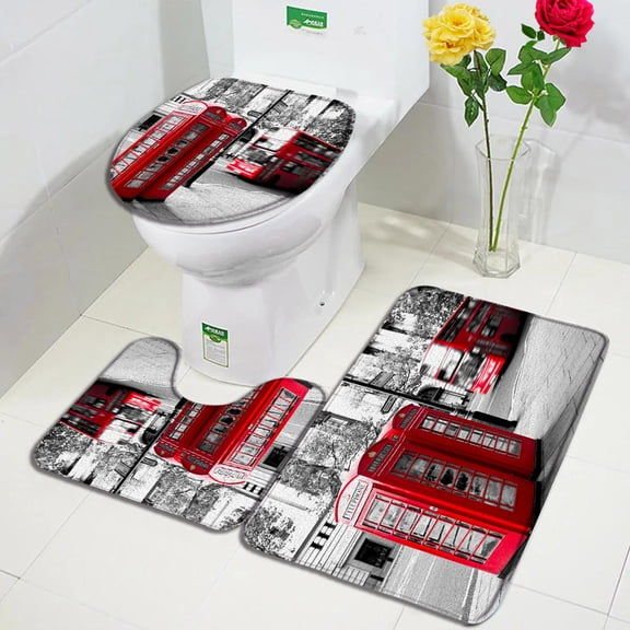 Vintage Paris Tower Bath Mats Set Pink Flower City Scenery Painting Home Bathroom Decor Door Carpet Rug Anti-Slip Toilet Lid Mat