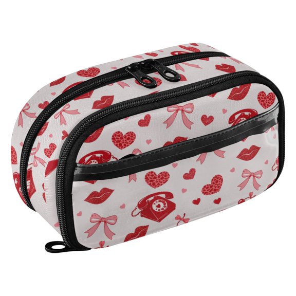 Red Phone Bow Pattern PVC Pencil Case Water-Repellent Clear Window Pencil Bag Organizer 8.3in