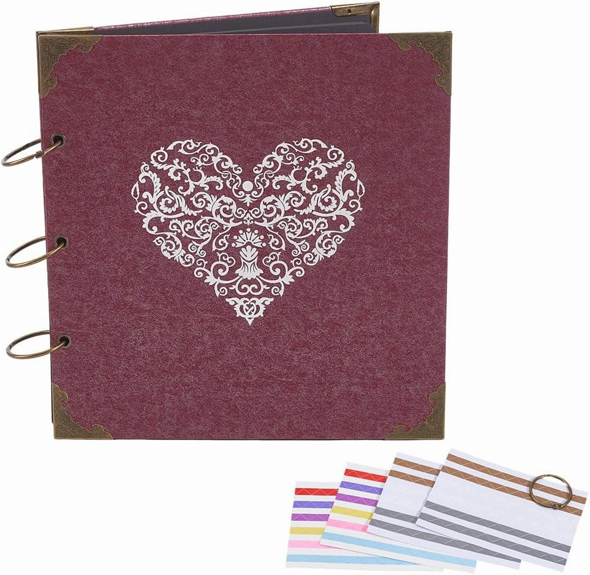 Red Photo Scrapbook Photo Album Kit with Corners Adhesive Stickers 10 x 10 Inch 25Pcs Pages Paper Vintage Heart Loose Leaf Ring Binder Album Book Set for DIY Pictures Wedding Memory Keep