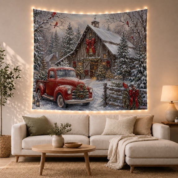 Red Pickup Truck Beside a Snow-Covered Wooden Barn with Evergreens, Cardinals and Warm Windows, Rustic Winter Style, Families, Thoughtful Gift, Living Room or Office, Tapestry and Wall Hanging