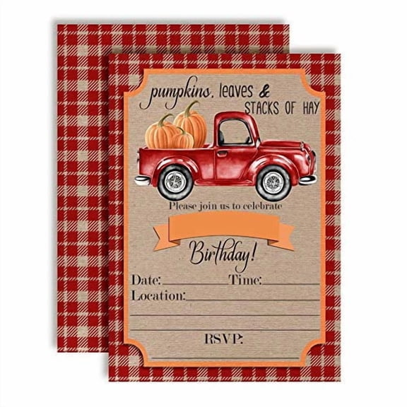 Red Pickup Truck Full of Pumpkins Birthday Party Invitations