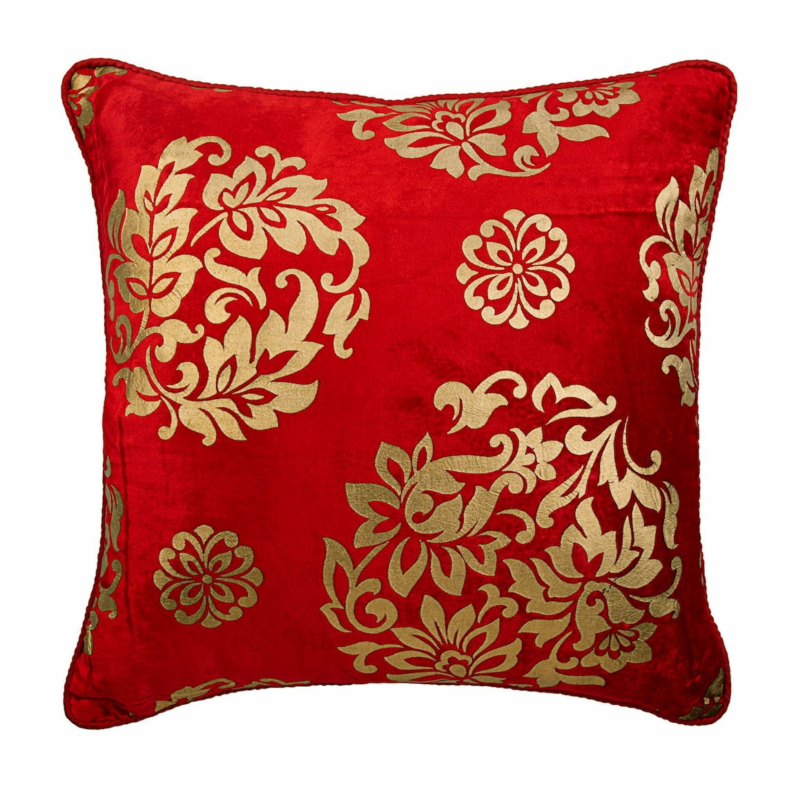 Red Pillow Cover, Floral Printed Velvet Throw Pillow Cover, 14x14 inch (35x35 cm) Pillow Cover, Square Velvet Pillow Cover, Floral Pillow, Contemporary, Damask - Gold Charming