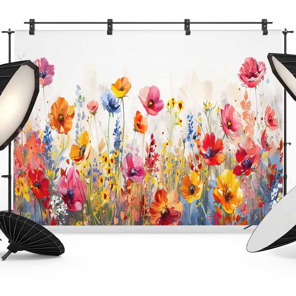 Red Pink Backdrop for Photography, and Yellow Poppy Oil Painting Floral Photo Backdrop Portrait Background Party Banner Photo Backgrounds for Studio Booth Props, 12x8ft