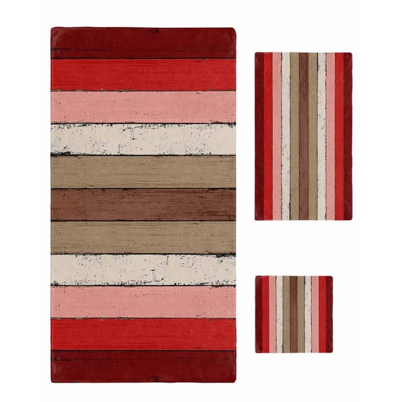 Red Pink Bath Towels for Bathroom Set,Luxury Microfiber Towels Gifts for Women,Quick Dry Beach Kitchen Hand Hair Face Towel and Dish Washcloth,Farmhouse Wood Grain Vintage Brown Striped Towels+Set