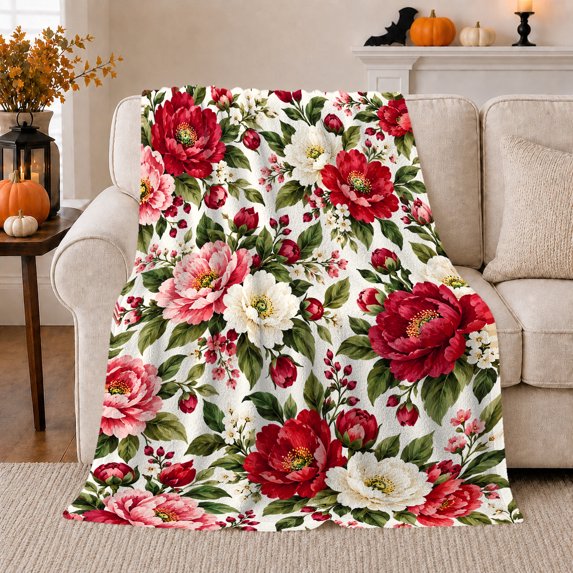 Red Pink Botanical Flannel Blanket for Botanical Art Fans, Sofa and Living Room Home Decor Housewarming Gift with Soft Painterly Layered Bloom Sofa Garden Scene Motif