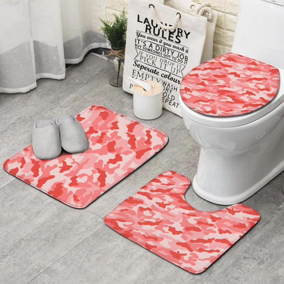 Red Pink Camo Classic Shapes Pattern Bathroom Rugs Sets 3 Piece,Toilet Cover Set,Absorbent Non Slip Bathroom Mats Sets with U-Shaped Contour Rug Toilet Rug Set