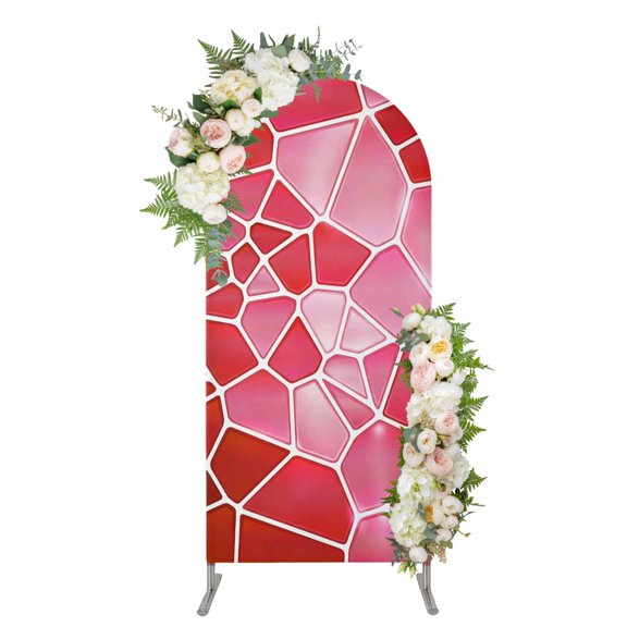 Red Pink Ceramic Arch Backdrop Cover 4FT, Abstract Tiles Modern Art Spandex Fitted Stretchy Arch Stand Covers, Round Top Chiara Backdrop Cover for Wedding Party Birthday Baby Shower