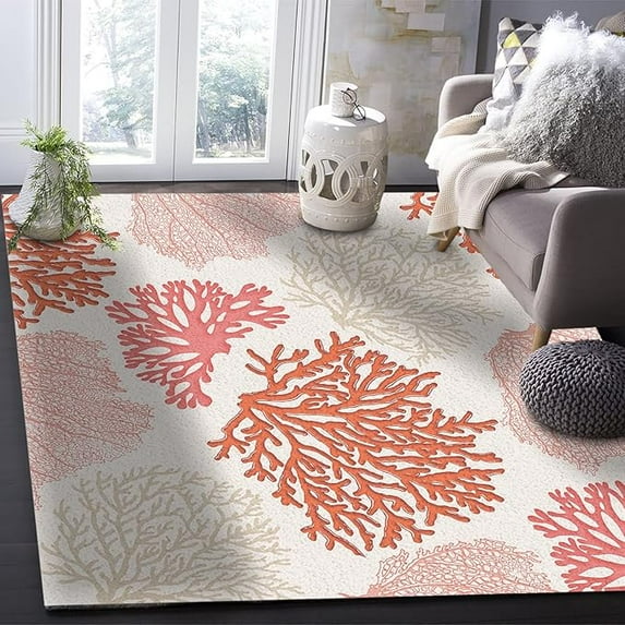 Red Pink Coral Area Rug, Summer Beach Coastal Modern Rugs Floor Carpet, Indoor Non-Slip Rug For Room Sofa Living Room Mat Bedroom Home Decor Floor Mats 5 x 8ft