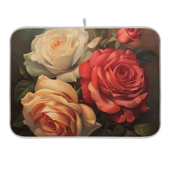Red Pink Cream Rose Dish Drying Mat 16x18 Absorbent Microfiber Draining Rack Pad for Kitchen Counter Sink