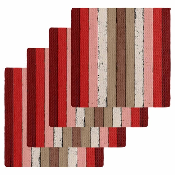 Red Pink Dish Towels Set, Waffle Weave Kitchen Towels 4 Pieces, Farmhouse Wood Grain Vintage Brown Striped Microfiber Hair Face Bath Tea Towel Absorbent Quick Drying Cleaning Dish Cloths, 12"x12"