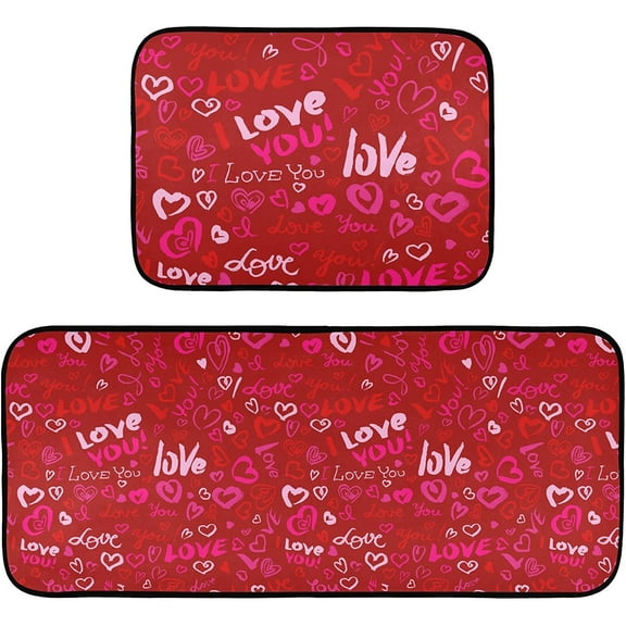 Red Pink Doodle I Love Hearts Kitchen Rug and Mat Set of 2 Romantic Anti Fatigue Non Slip Washable Runner Rugs Floor Mats for Mother''s Valentine''s Day Holiday Kitchen Laundry Room Home Decor