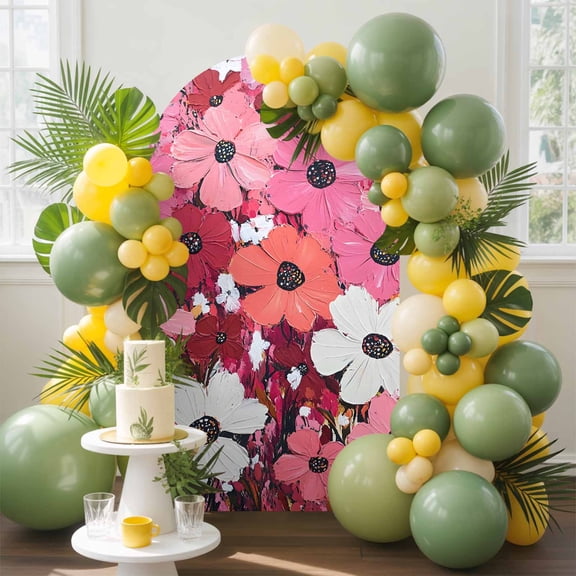 Red Pink Floral Arch Backdrop Cover, 4FT, Spring Beautiful Flower Pastoral Oil Painting Style Spandex Arch Covers Double-Sided Backdrop for Wedding Birthday Party Photo Background Decoration