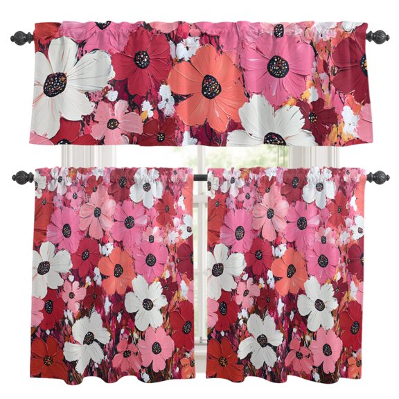 Red Pink Floral Kitchen Curtains Set for Windows, Spring Beautiful Flower Pastoral Oil Painting Style Curtains Valance and Tier 3 Piece Set Small Drapes 24 Inch Length for Kitchen Bedroom Decor