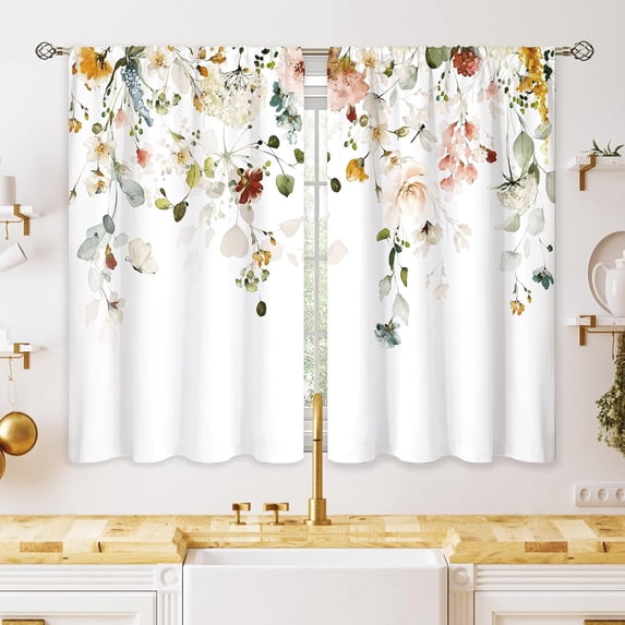 Red Pink Floral Small Kitchen Curtains Spring Flower Window Treatment Plant Botanical Leaves Cafe Short Curtains for Bathroom Dining Laundry Room Wildflower Tier Treatment Drapes 27.5x39 inch