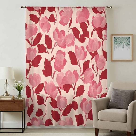 Red Pink Floral Spring Sheer Curtains 84 Inches Long, Blooming Botanical Garden Light Filering Curtains, Breathable Simi Curtain Privacy Drapes for Living Room Bedroom Lightweight Window Treatment