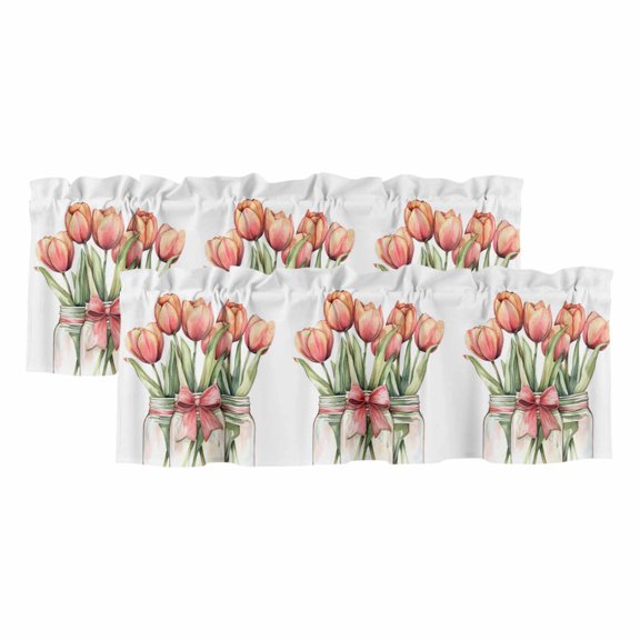 Red Pink Floral Valances for Windows, Decorative Rod Pocket Window Valance Curtains, Spring Watercolor Tulips Flower Vase Curtain Drapes for Kitchen/Bathroom/Living Room, 2 Panels, 42" W x 12" L