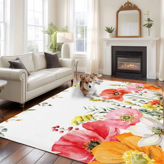 Red Pink Flower Large Area Rugs 6x9 ft Watercolor Spring Orange White Floral Green Eucalyptus Leaf Washable Rug Non Slip Indoor Carpet Absorbent Floor Mat for Living Room Bedroom Dining Room