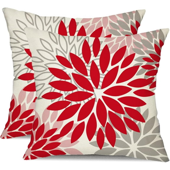 Red Pink Flower Pillow Covers 16x16 Inch Set of 2 Valentines Day Pillow Covers Outdoor Waterproof Decor for Living Room Sofa Patio Funiture Garden Floral Polyester pillowcovers 012F16