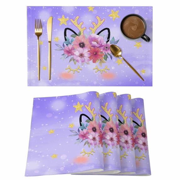 Red Pink Flower Placemats Set of 2, Antlers Watercolor Leaves Purple Gradient Non-Slip Place Mats Washable Table Mats for Kitchen Dining Table Decorations Indoor/Outdoor