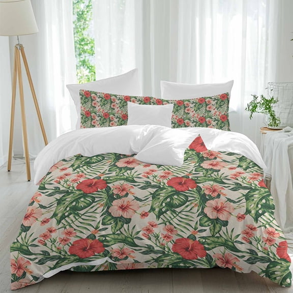 Red Pink Flower Queen Size Comforter Set, Rustic Red Pink Hibiscus Floral Botanical Green Palm Bedding for All Seasons, 4 Pcs Bed Set, 1Quiltcover (90"x92") ,1Sheet(94"x116"), 2Pillowcases (30"x20")