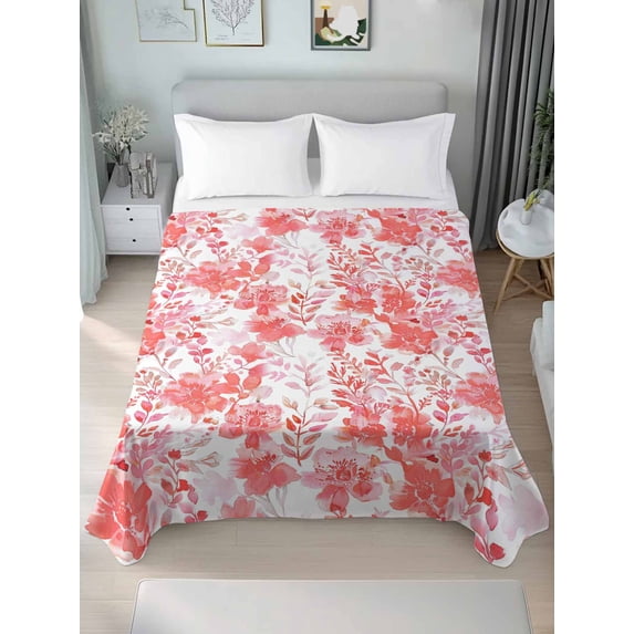 Red Pink Flowers California King Size Flat Sheet, Wrinkleproof & Fadeproof Cooling Flat Bed Sheet Only, Watercolor Summer Botanical Floral Breathable Soft Bedding Top Sheets 108 x 98 Inches