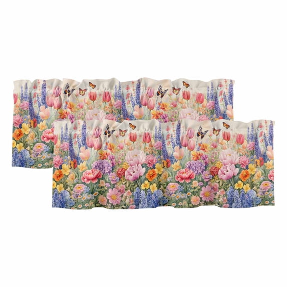 Red Pink Flowers Curtain Valances for Windows, Kitchen Valance Window Treatments Panel 2 Pack, Spring Lavender Pastoral Botanical Rod Pocket Short Curtains for Bathroom Bedroom 42 x 12 Inch
