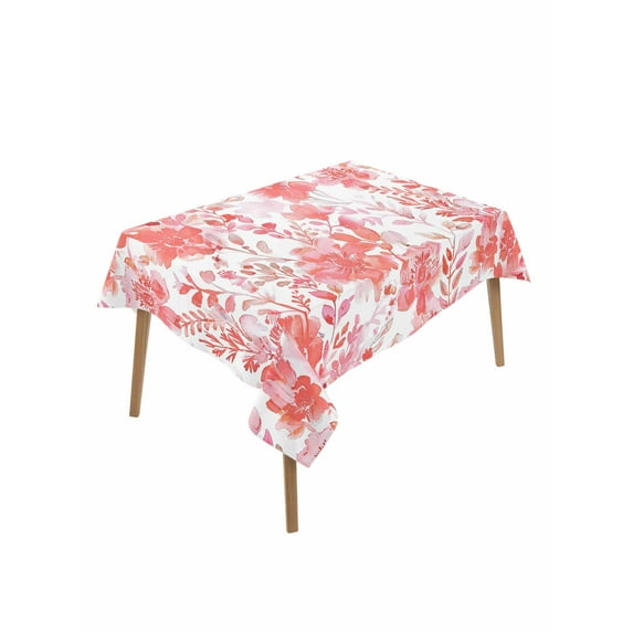 Red Pink Flowers Table Cloth, Watercolor Summer Botanical Floral Waterproof Tablecloth for Rectangle Tables, Reusable Washable Fabric Table Cover for Restaurant Kitchen Dining Tables 60"x102"