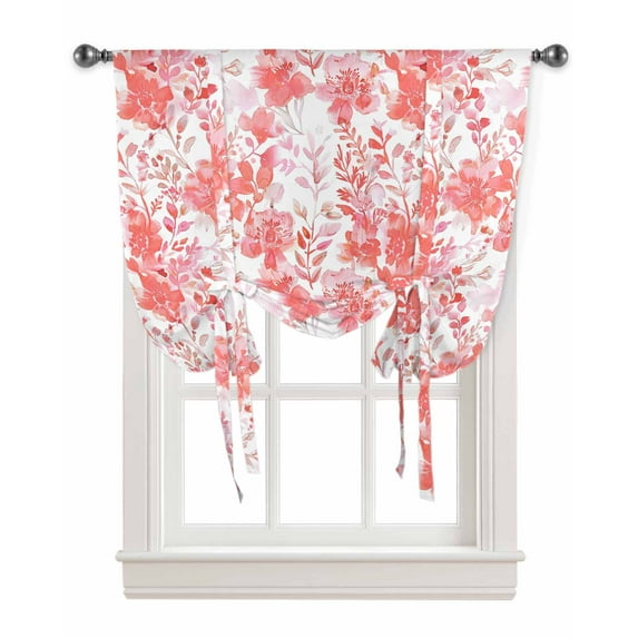 Red Pink Flowers Tie Up Curtains for Kitchen Bathroom Bedroom Windows 63 Inch Length, Watercolor Summer Botanical Floral Balloon Drape Curtains Shade Rod Pocket Drapery Curtain Panel, 46"x63"
