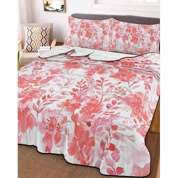 Red Pink Flowers Twin Size Down Alternative Comforter, Lightweight Comforter Quilt Bedding Set with Pillow Shams Watercolor Summer Botanical Floral All Seasons Bed Comforter Duvet Insert 68"x86"