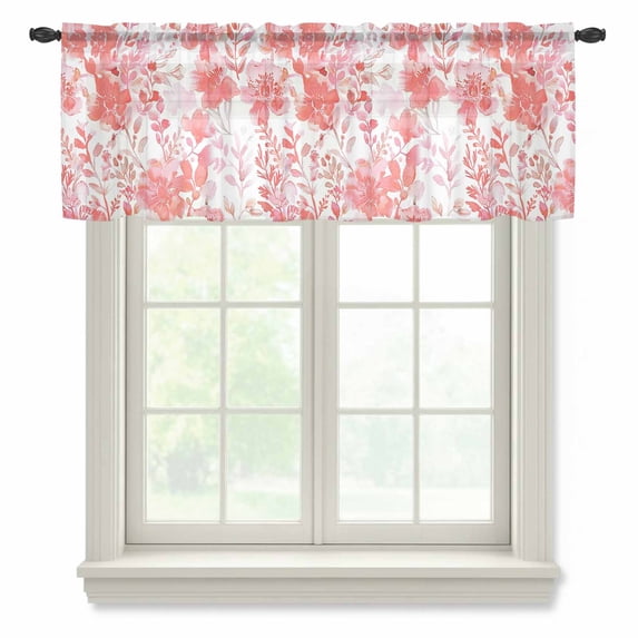 Red Pink Flowers Valance Curtains for Kitchen/Living Room/Bathroom/Bedroom Window, Rod Pocket Small Topper Half Short Window Curtains Voile Sheer Scarf, Watercolor Summer Botanical Floral 54"x18"