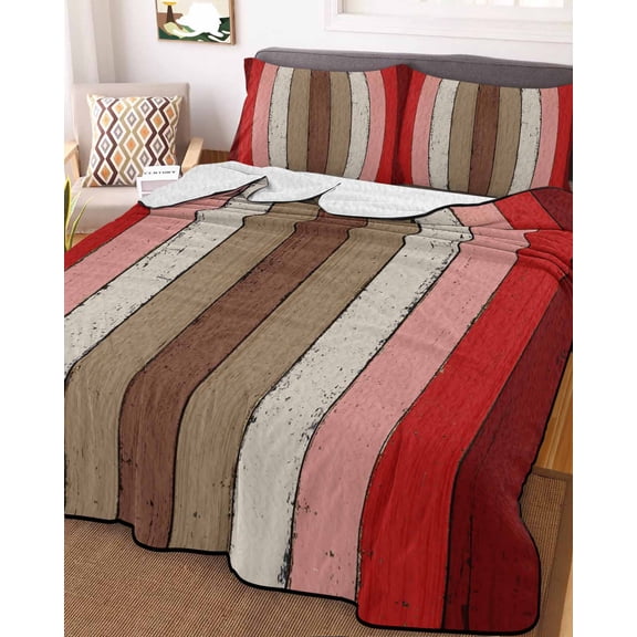 Red Pink Full Size Down Alternative Comforter, Lightweight Comforter Quilt Bedding Set with Pillow Shams Farmhouse Wood Grain Vintage Brown Striped All Seasons Bed Comforter Duvet Insert 78"x90"