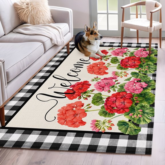 Red Pink Geranium Area Rug 4'x6', Botanical Floral Sage Black Plaid Washable Non-Slip Rugs, Low Pile Large Carpet for Living Room Bedroom Dining Room Kitchen Office Indoor Mat