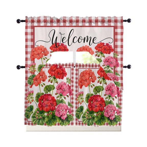 Red Pink Geranium Kitchen Curtains Set for Windows 3 Piece Cafe Curtains 36 Inch Length Swag Curtains Valances and Tier Set Botanical Floral Sage Gingham Plaid Drapes for Bedroom Bathroom Living Room