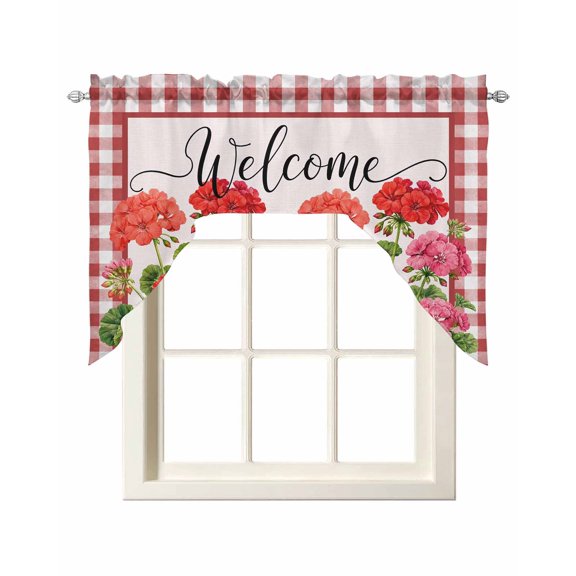 Red Pink Geranium Swag Curtains for Kitchen Botanical Floral Sage Gingham Plaid Valances for Windows Rod Pocket Small Window Treatment Short Topper for Cafe Bedroom Bathroom Living Room 56x36 Inch