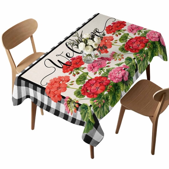 Red Pink Geranium Table Cloth, Waterproof Tablecloth for Rectangle Tables, Botanical Floral Sage Black Plaid Washable Fabric Table Cover for Restaurant Kitchen Dining Tables 60"x102"