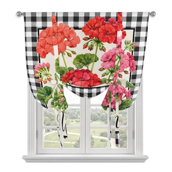Red Pink Geranium Tie Up Curtains for Window, Thermal Insulated Balloon Shade Adjustable Rod Pocket Curtains Valance Panels for Kitchen Bathroom Cafe 34 x 45 Botanical Floral Sage Black Plaid