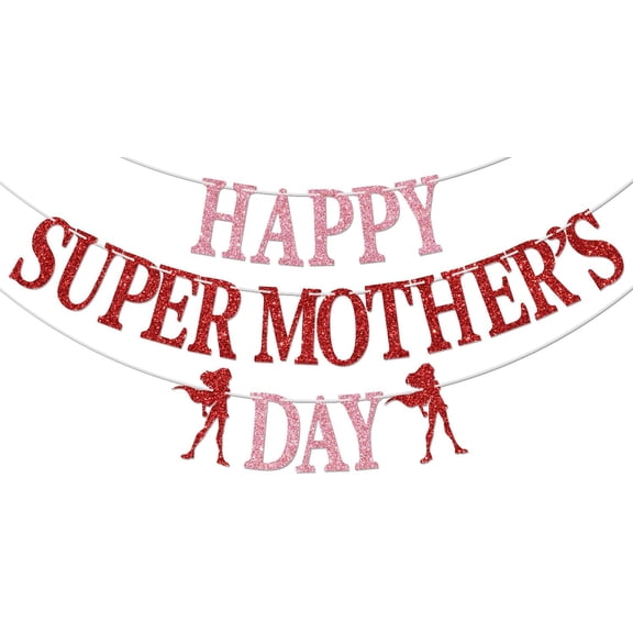 Red Pink Glitter Happy Super Mother's Day Banner with Superhero Woman Cutouts, Mom Birthday Mother's Day Party Hanging Decorations