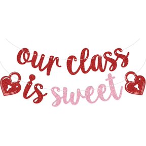 Red Pink Glitter Our Class Is Sweet Banner with Heart Lock & Key Cutouts, Graduation Senior Class Party Hanging Bunting Garland Sign