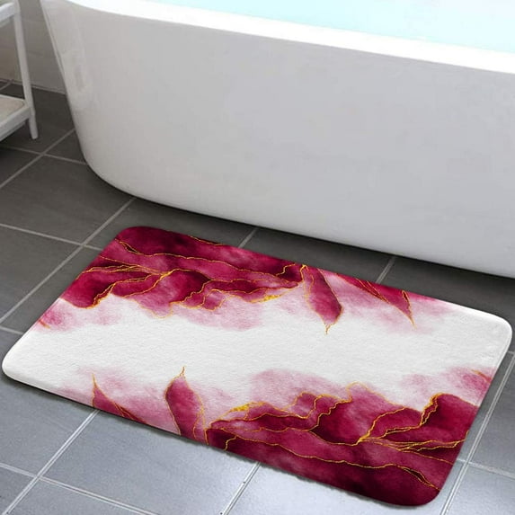 Red Pink and Gold Marble Bath Mat for Bathroom, Modern Abstract Magenta White Floor Rugs Mats Non Slip Cute Ombre Bathroom Decor Accessories 19X31 Inches Kitchen Bedroom Indoor