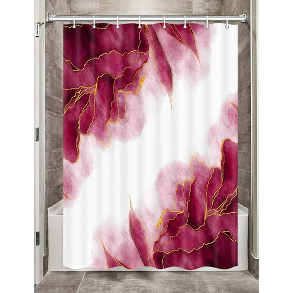 Red Pink and Gold Marble Camper Shower Curtain for Travel Trailer Bathroom, Modern Abstract Camping Narrow Shorter Fabric Shower Curtains Set Happy Camp Decor Accessories with Hooks 47X64 Inch