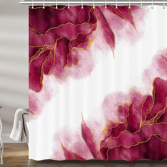 Red Pink and Gold Marble Shower Curtain, Modern Abstract Magenta White Fabric Shower Curtains Set for Bathroom Decorative, Cute Ombre Restroom Decor Accessories with Hooks 72X84 Inch