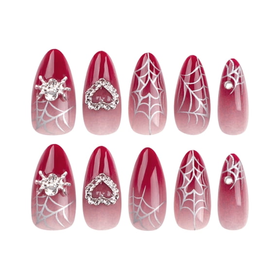 Red Pink Gradient Spider Web Halloween Press on Nails, Long Stiletto Glossy False Nails with Spider & Heart Rhinestones, 24 Count